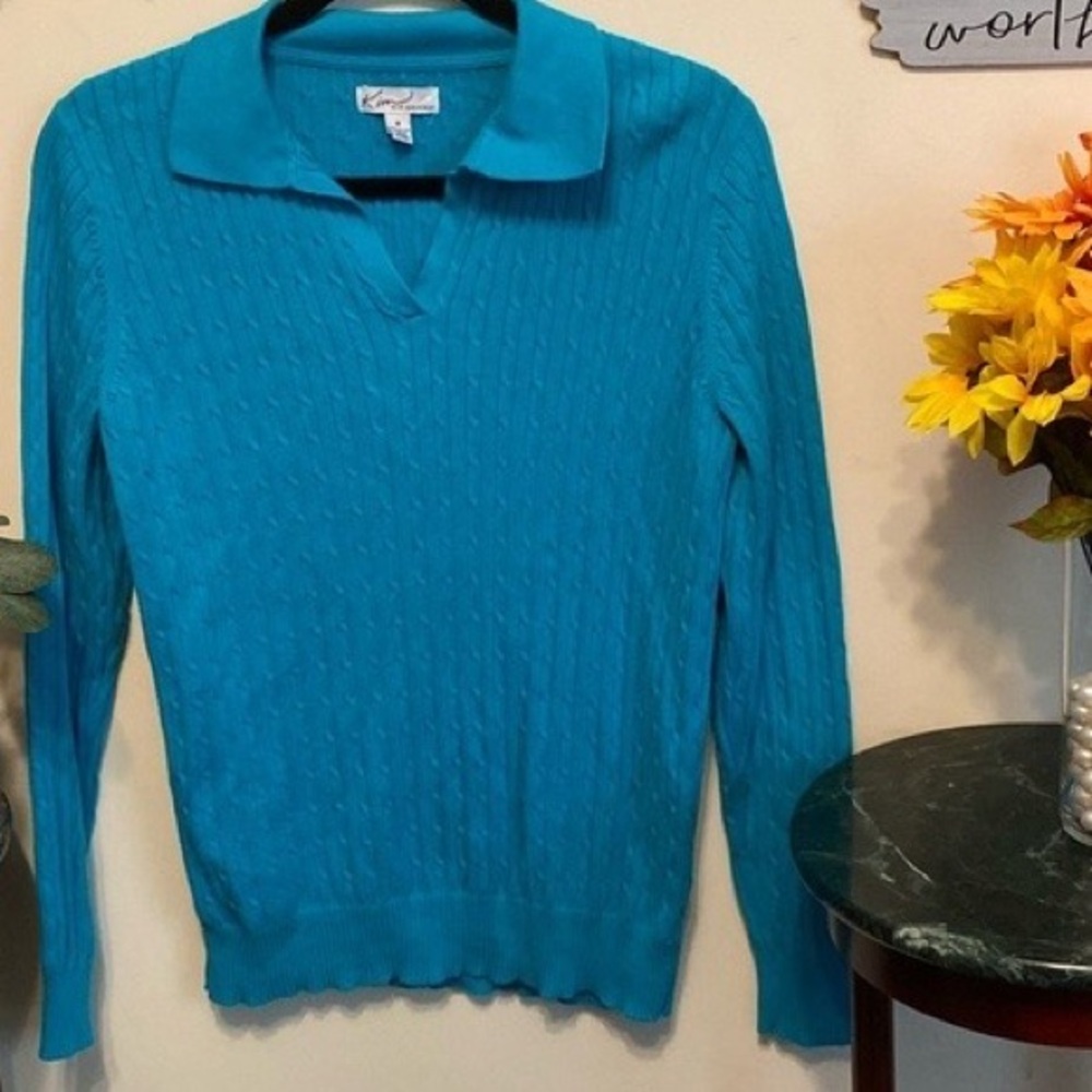 Kim Rogers Turquoise Cable-Knit Scoop Collar Sweater